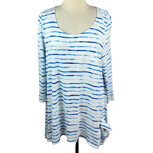 J Jill Ballet Sleeve‎ Tunic Top Flowy Blue White Tie Dye Stripe Oversized XL - Picture 1 of 12